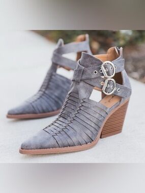 Qupid Gray Suede Cutout Heeled Ankle Boots with Buckle Straps